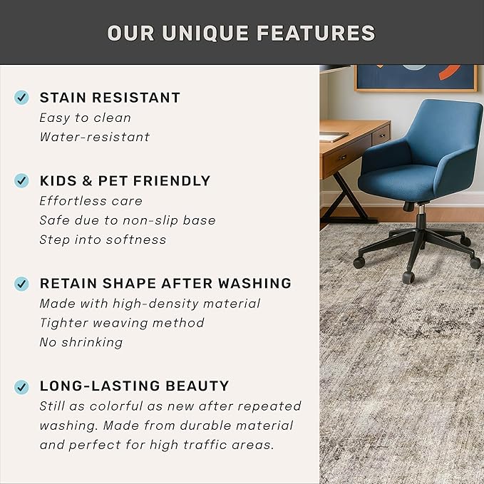 5x8 Dark Rug for Living Room, Vintage Unique Area Rug for Mudroom, Home Office, Dining Room, Washable Non Slip Brown Taupe Décor