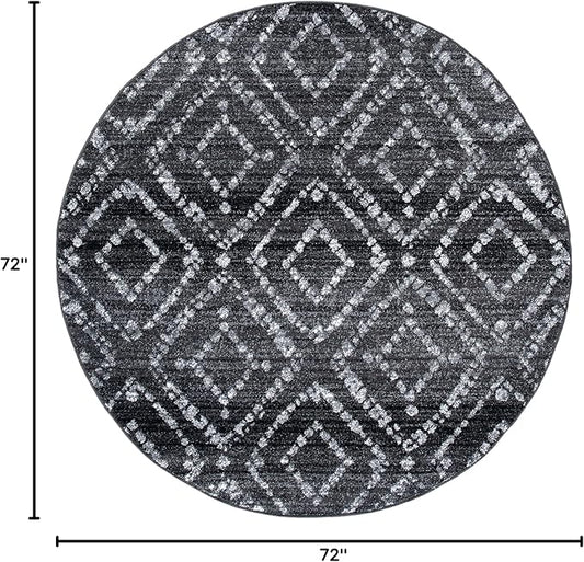 SAFAVIEH Adirondack Collection Area Rug - 6' Round, Black & Ivory, Modern Diamond Distressed Design, Non-Shedding & Easy Care, Ideal for High Traffic Areas in Living Room, Bedroom (ADR131A)