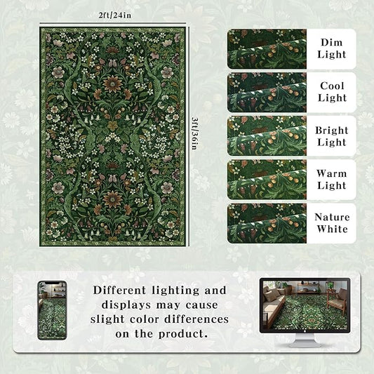 Floral 2x3 Entryway Rug,Washable Front Door Mat Indoor Non Slip Low Pile Small Carpet, Soft Green Boho Botanical Throw Rug for Bathroom Bedroom Kitchen Laundry Indoor Entrance