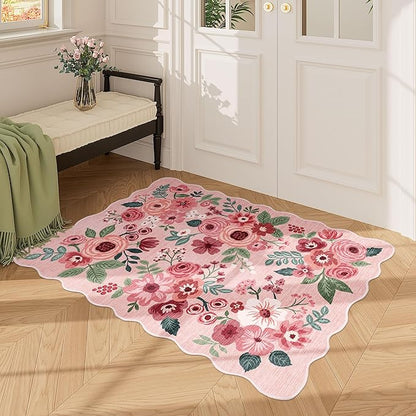 DUKINO 2x3 Entryway Rug, Floral Washable Indoor Door Mat with Non-Slip Backing, Soft Low Pile Small Front Door Throw Rugs for Entryway, Kitchen, Bedroom, Laundry, Bathroom,Pink