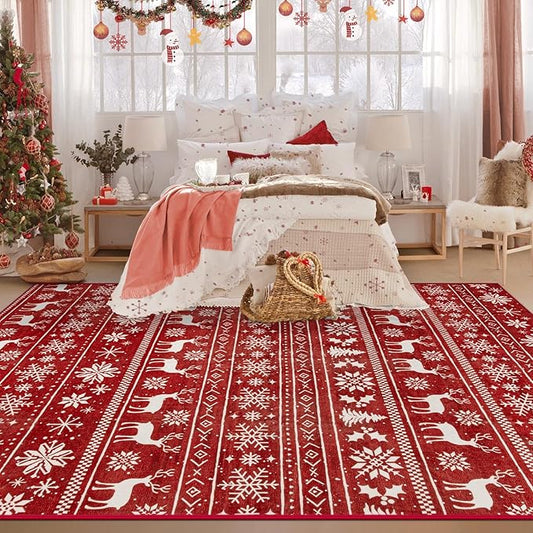Christmas Rug 6x9 Washable Rugs, Boho Christmas Tree Snowflake Rug Non-Slip Soft Low Pile Non Shedding Indoor Holiday Decor Carpet for Living Room Bedroom Dining Room Home Office (Xmas Red, 6'x9')