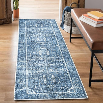 Bloom Rugs Washable Non-Slip 7 ft Runner - Blue Traditional Runner for Entryway, Hallway, Bathroom, and Kitchen - Exact Size: 2.5' x 7'