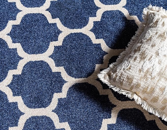 Rugs.com Lattice Collection Rug – 6 Ft Round Dark Blue Medium Rug Perfect for Kitchens, Dining Rooms