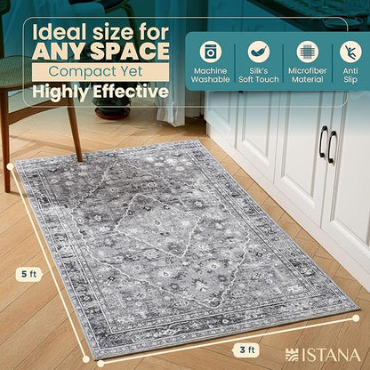 Istana 3x5 Area Rug - Grey Modern Rugs for Living Room 3x5 - Foldable Rugs for Bedroom/Living Room Rug - Stain Resistant Washable Rug - Eco-Friendly Small Area Rugs