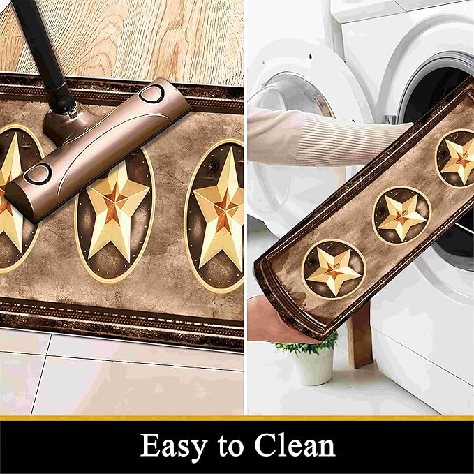 Gold Five-Point Star Runner Rug, 2x8ft Washable Hallway Badge Carpet, Corridor Accent Rugs, Stylish Decorative Runner for Home Hallway & Foyer, Vintage Style Non-Slip Mat
