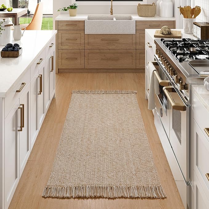 Collive Washable Area Rug 3' x 5', Modern Woven Kitchen Rugs, Tan/Cream Braided Cotton Rug Indoor Door Mat Throw Carpet for Entryway Living Room Nursery Mudroom Laundry Room