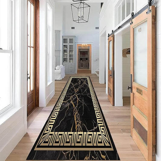 Black Gold Marble Texture Entryway Carpet, 1.3x7ft, Greek Key Geometric Design Bedroom Rug, Abstract Gold Crack Breathable Floor Rugs, No Crease Washable Carpets for Front Door