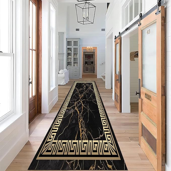 Black Gold Marble Texture Entryway Carpet, 3.3x7ft, Greek Key Geometric Design Bedroom Rug, Abstract Gold Crack Breathable Floor Rugs, No Crease Washable Carpets for Front Door