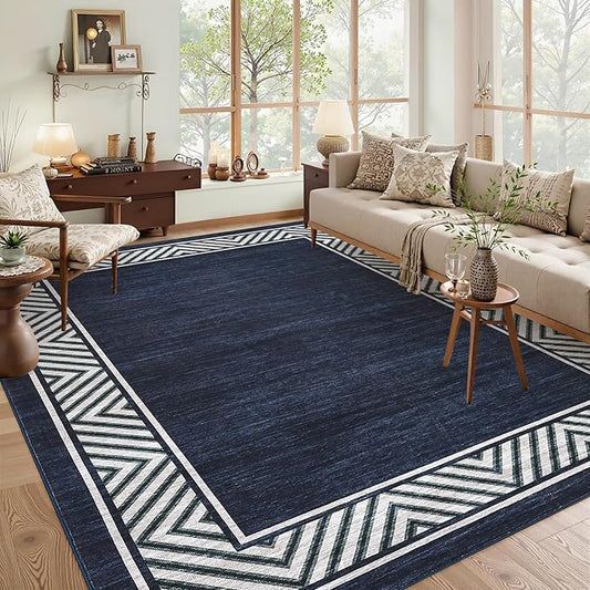 GarveeHome Modern Rugs for Living Room 8x10 Large Bordered Floor Mats with Non-Slip Backing, Stain-Resistant Bedroom Carpet, Foldable Geometric Indoor Rug for Dining Room, Kitchen, Navy Blue