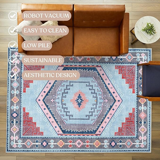 Fame Living Washable Area Rug. Modern Farmhouse. Vintage. Turkish. Bohemian. Distressed. Oriental. Traditional. Rugs for Living Room. Dining. Bedroom. Office. Entryway. Foyer. (856BlM, 2'5" x 9'8")
