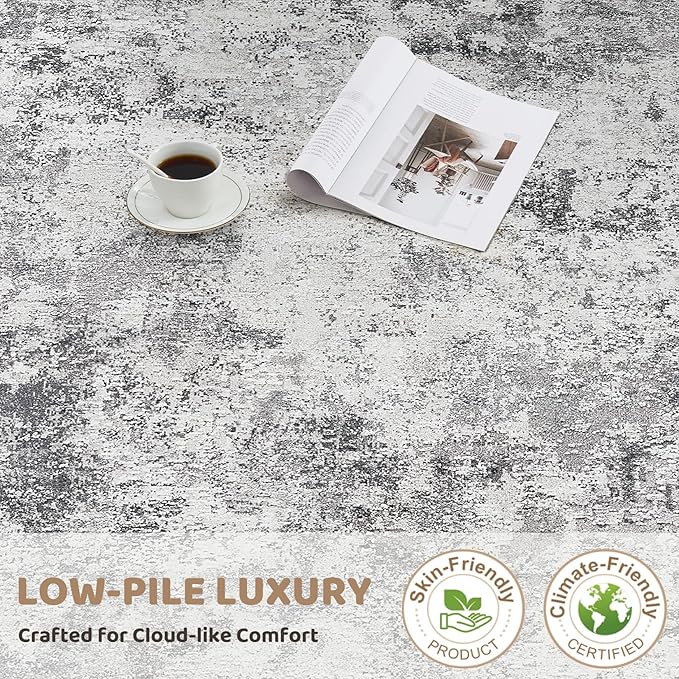 3X12 Washable Runner Rug for Hallway: Soft Neutral Modern Abstract Area Rug - Non-Slip Low Pile Long Throw Indoor Carpet for Kitchen Entryway Kitchen Bedroom Laundry - Grey