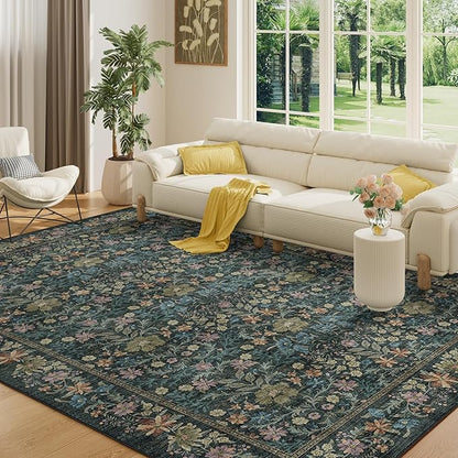 DUKINO 6x9 Rugs for Living Room, Vintage Washable Rug with Non Slip Backing, Floral Low Pile & Non-Shedding Large Area Carpets for Bedroom, Dining Room, Farmhouse, Home Office, Blue