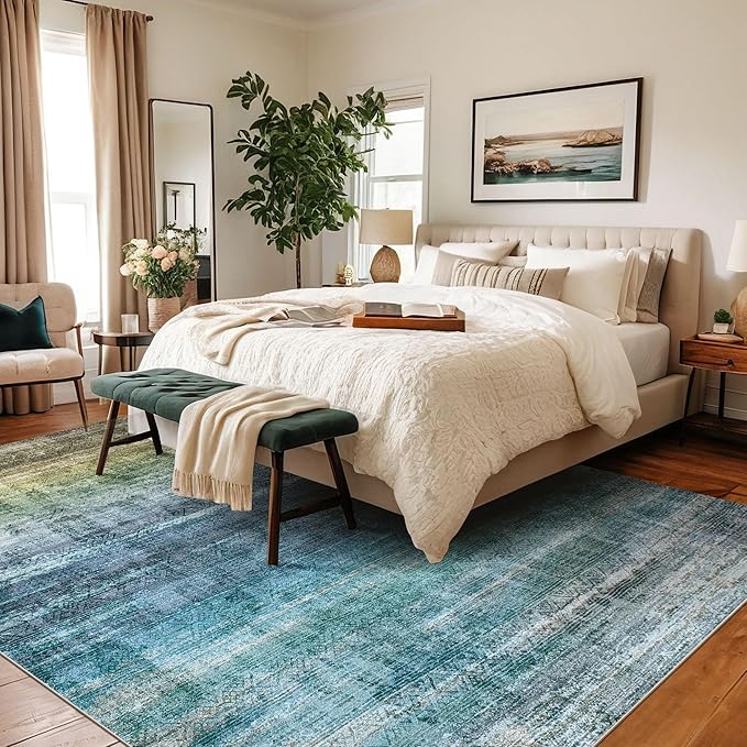 Kokia Abstract Area Rugs 8x10 Bedroom Soft Living Room Rugs Washable Distressed Vintage Comfy Blue Carpet with Non-Slip Backing for Farmhouse Home Office Room Decor, Oslo Teal