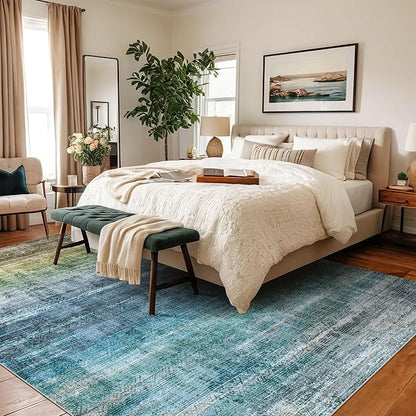 Kokia Abstract Area Rugs 6x9 Boho Washable Distressed Retro Indoor Floor Rug Multicolor Low Pile Non-Slip Non-Shedding Blue Carpet Bedroom Living Room Dining Room, Oslo Teal