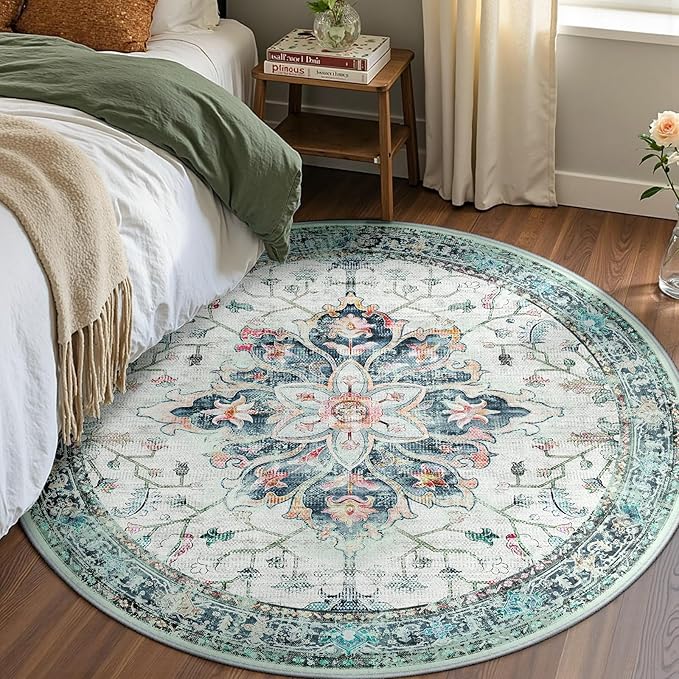 Area Rugs 4ft Washable Non-Slip, Floral Vintage Distress Print Pattern Medallion Carpet for Living Room Bedroom Dining Room, Green Navy Blue White Red Teal Colorful