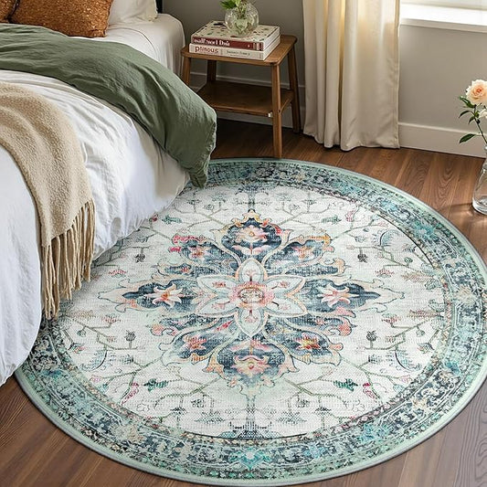 Area Rugs 4ft Washable Non-Slip, Floral Vintage Distress Print Pattern Medallion Carpet for Living Room Bedroom Dining Room, Green Navy Blue White Red Teal Colorful