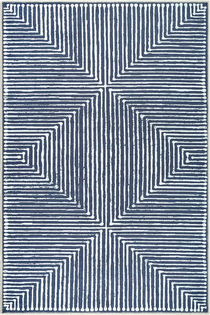 Bloom Rugs Washable Non-Slip 6' x 9' Rug - Blue Striped Area Rug for Living Room, Bedroom, Dining Room, and Kitchen - Exact Size: 6' x 9'
