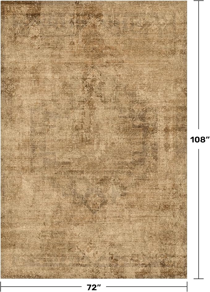 Vintage Dark Gold Rugs for Bedroom - 6x9 Distressed Print Pattern Large Area Rug for Living Room, Dining Room Under Table, Thin & Soft Washable Brown and Yellow