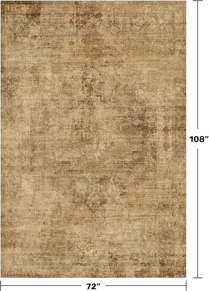 Vintage Dark Gold Rugs for Bedroom - 6x9 Distressed Print Pattern Large Area Rug for Living Room, Dining Room Under Table, Thin & Soft Washable Brown and Yellow