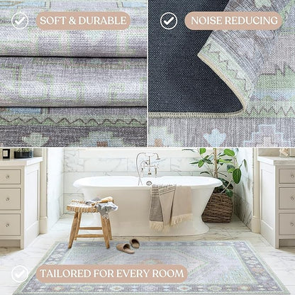 Fame Living Washable Area Rug. Modern Farmhouse. Vintage. Turkish. Bohemian. Distressed. Oriental. Traditional. Rugs for Living Room. Dining. Bedroom. Office. Entryway. Foyer. (856GrnCrm, 9'5" x 14')