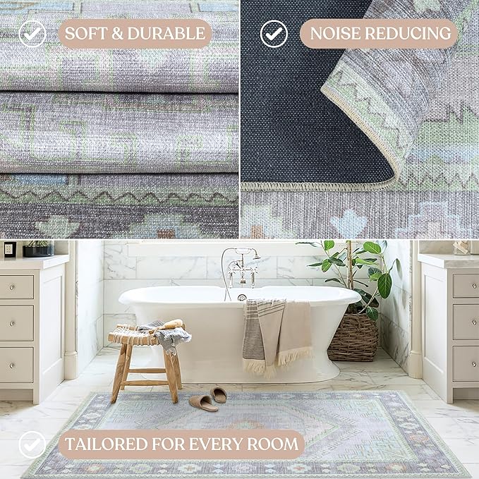 Fame Living Washable Area Rug. Modern Farmhouse. Vintage. Turkish. Bohemian. Distressed. Oriental. Traditional. Rugs for Living Room. Dining. Bedroom. Office. Entryway. Foyer. (856GrnCrm, 5' x 6'9")