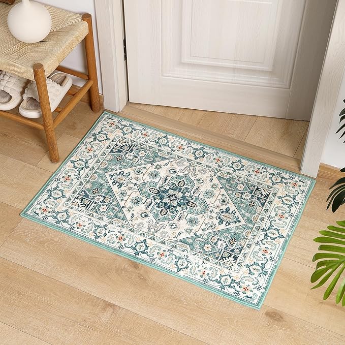 VK VK·LIVING Entryway Washable Rug 2'x3' Small Boho Bathroom Throw Area Rug Non Slip Doormat Indoor Front Door Machine Washable Carpet for Bathroom Kitchen Vintage (Green Beige)
