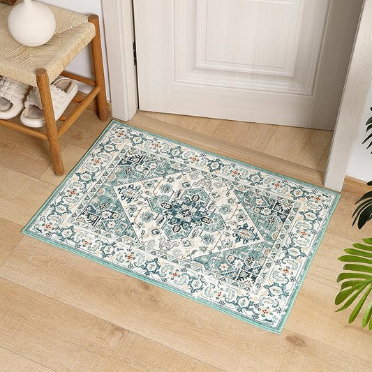 VK VK·LIVING Entryway Washable Rug 2'x3' Small Boho Bathroom Throw Area Rug Non Slip Doormat Indoor Front Door Machine Washable Carpet for Bathroom Kitchen Vintage (Green Beige)