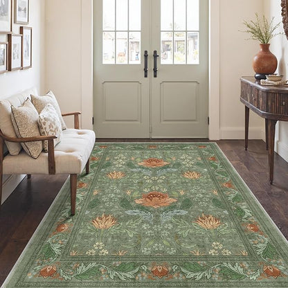 Bavni 5x7 Area Rugs for Living Room, Microfiber Machine Washable Non-Slip Vintage Floral Rug, Low Pile Lightweight Carpet for Bedroom, Dining Room, Home Office, Bean Green