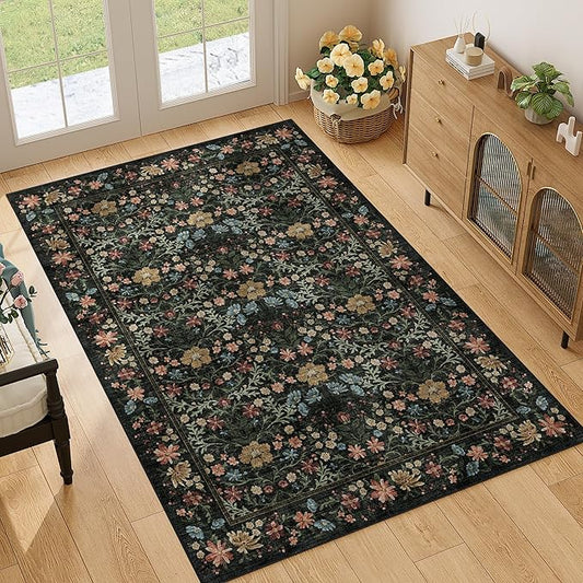 DUKINO 4x6 Rugs for Living Room, Lightweight Non Slip Washable Rug with Low Pile Design, Vintage Floral Non-Shedding Soft Carpet for Living Room, Bedroom, Farmhouse, Office, Bathroom, Black
