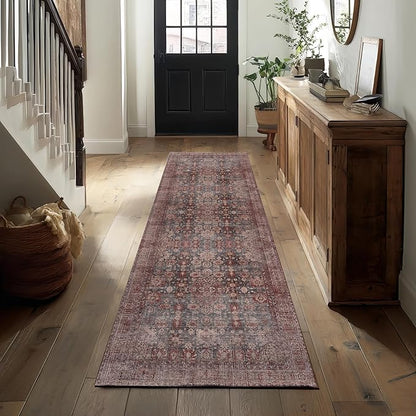 Kuden 2'6"x12 Runner Rug, Machine Washable Area Rug with Non-Slip Backing, Vintage Style, Soft, Easy Clean, Low Pile Rug for Hallway, Entryway, Kitchen, Bedroom