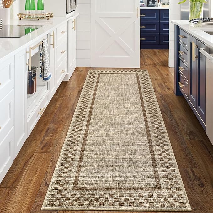Washable Runner Rug 2x10 Modern Bordered Hallway Runner Rug Non Slip Kitchen Throw Carpet Checkered Bathroom Entryway Runner Rugs Low Pile Solid Area Rugs for Living Room Bedroom Nursery Sink, Taupe