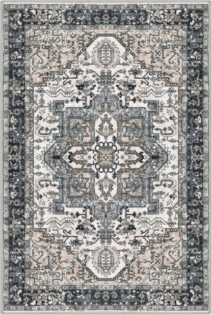 KOZYFLY Boho Area Rug 5x7 Ft Thin Washable Rugs for Living Room Faux Wool Throw Carpet Printed Non Slip Rug for Entryway Bedroom Dining Room Living Space, Black/Taupe/Beige