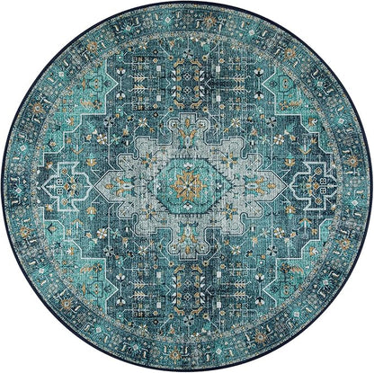 Moynesa Ultra-Thin Washable Round Rug - 4ft Oriental Circle Area Rugs for Bedroom Entryway, Teal Vintage Non Slip Non Shedding Low Pile Carpet for Living Room Coffee Table Kitchen
