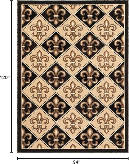 Allstar 8x10 Black Modern Rectangular Accent Rug with Ivory and Mocha Floral Fleur De Lis Diamond Design (8' x 10')