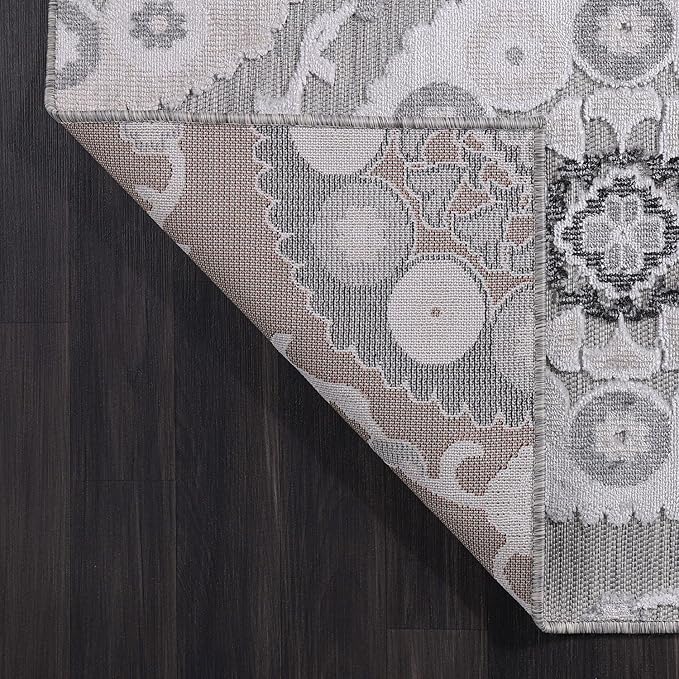 CAMILSON Indoor Outdoor Rug 8x10 Bohemian Medallion Floral Area Rugs for Indoor and Outdoor Patios Easy-Cleaning Non-Shedding Living Room Garden and Kitchen Washable Outside Carpet (8 x 10 / Gray)