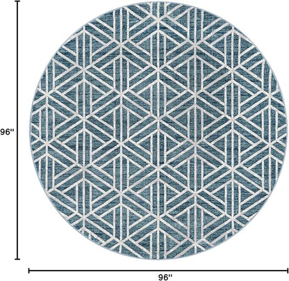 Rugs.com Lattice Trellis Collection Rug – 8 Ft Round Blue Low-Pile Rug Perfect for Kitchens, Dining Rooms