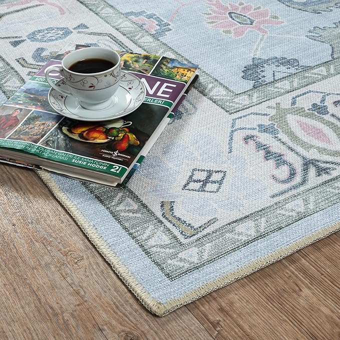 Fame Living Cream Blue Oushak Rug, Modern, Vintage, Turkish, Eclectic, Floral, Pastel, Washable, Area Rugs for Living Room, Dining, Bedroom, Nursery, Girls, Boys, 5'9"x8'9"
