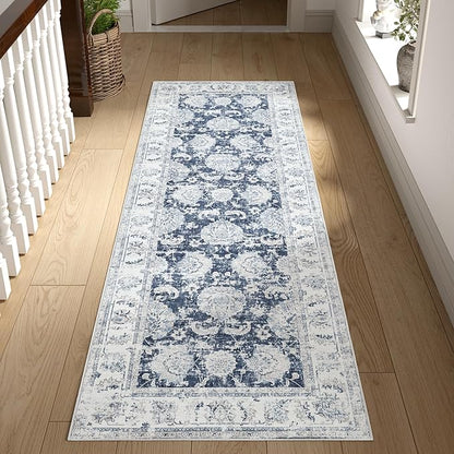 jinchan Fiora Runner Rug 2x5 Washable Hallway Runner- Vintage Floral Non Slip Low-Pile Soft Thin Kitchen Rug Distressed Carpet for Farmhouse Bedroom Entryway Laundry Room(2x5ft, Dark Blue)