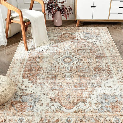 JINCHAN Area Rug 8x10 Washable Living Room Rug Vintage Indoor Large Floor Cover Distressed Lightweight Non-Slip Low Pile Thin Mat Accent Stain Resistant Carpet for Bedroom Dining Room Office Brick Red