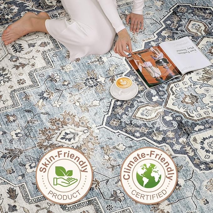 10x14 Area Rugs Living Room: Washable Boho Large Neutral Vintage Soft Rug Stain Resistant Farmhouse Non Slip Indoor Floor Carpet for Bedroom Nursery Kids Playroom Office Dining Room- Blue Tan
