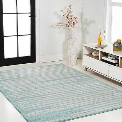 JONATHAN Y Khalil Modern Berber Stripe Turquoise/Cream Indoor Area Rug, 4x6, Contemporary, Bohemian, Easy-Cleaning for Living Room, Bedroom, Kitchen, Pet Friendly, Non-Shedding (MOH207D-4)