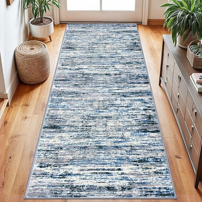 Modern Abstract Runner Rug 2.6x8, Grey Blue White Washable Kitchen Runner Non-Slip Soft Hallway Rug Runner Thin Print Faux Wool Carpet for Entryway Bedroom Laundry Room Indoor Home Decor