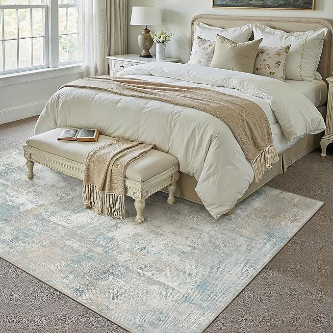 10x12 Area Rug Blue Cream Abstract Living Room Bedroom Washable Carpet Neutral Modern Non-Slip Soft Low Pile Lightweight Vacuumable Large Throw Rug for Dining Room