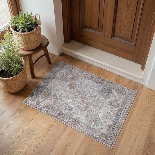 Bavni 2x3 Entryway Rug Bathroom Rugs for Front Door Bedroom Bathroom Kitchen, Washable Vintage Print Carpet, Ultra-Thin Chenille Lightweight Rug with Non Slip Backing, Retro Grey