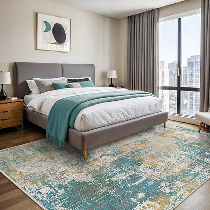 GENIMO 6x9 Area Rugs for Living Room, Machine Washable Rug Non Slip, Low Pile Ultra-Thin Lightweight Large Carpet, Abstract Modern Rugs for Bedroom, Dining Room, Office, Nursery, Teal/Beige