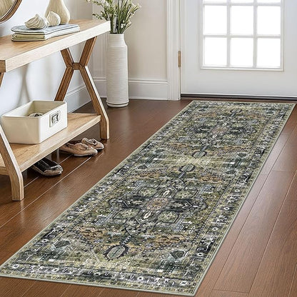 KOZYFLY Runners for Hallways 2x6 Ft Washable Kitchen Runner Rug Boho Runner Rug for Entryway Indoor Printed Oriental Faux Wool Floor Carpet Runner for Bedroom Kitchen Hall, Charcoal/Green/Olive
