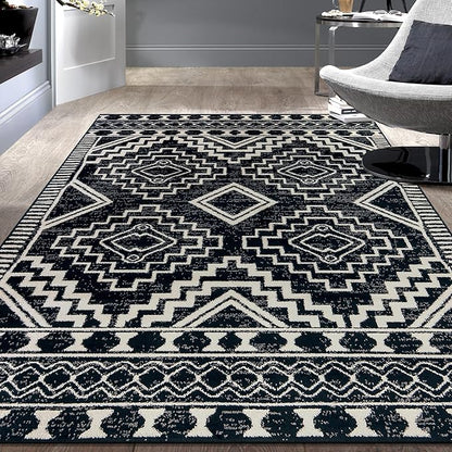 Rugshop Southwestern Black and White Tribal Area Rug – Geometric Diamond Pattern Carpet for Living Room, Bedroom, or Entryway – Boho Rustic Soft Floor Decor 5' x 7' Black