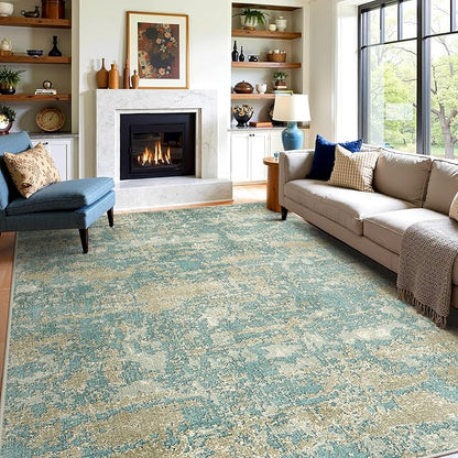 WITSHOCK Living Room Area Rugs 9x12：Modern Abstract Machine Washable Large Rug for Bedroom Dining Room Non-Slip Stain Resistant Home Office Decor,Teal Brown