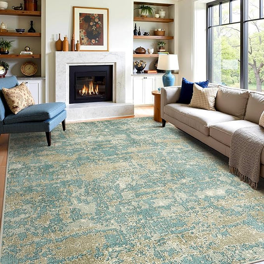 WITSHOCK Living Room Area Rugs 9x12：Modern Abstract Machine Washable Large Rug for Bedroom Dining Room Non-Slip Stain Resistant Home Office Decor,Teal Brown