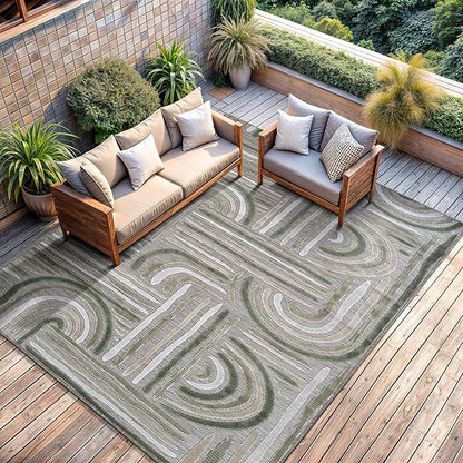 CAMILSON Indoor Outdoor Rug, Beige 8x10 Geometric Arch Striped Area Rugs for Patio and Home Areas, Easy-Cleaning Non-Shedding Living Room, Garden and Deck Washable Outside Carpet (8 x 10)